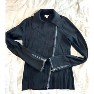 Cache Black Ribbed Zip Up Cardigan Structured Collar Size L